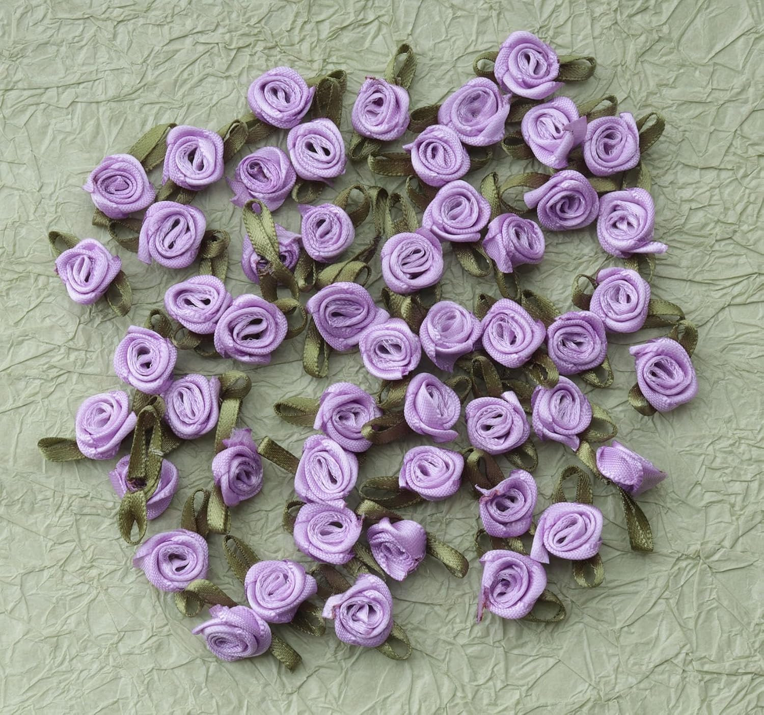50 Pcs Satin Roses with Green Leaves Mini Cute Ribbon Bows Fabric Artificial Flo