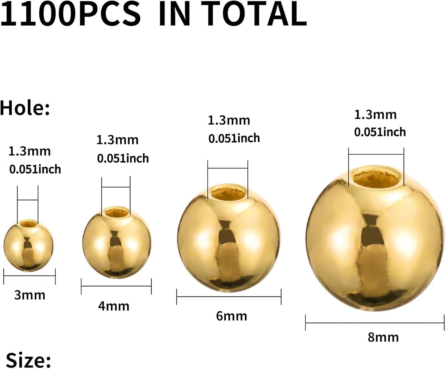 1100 Pcs Smooth Round Beads – 3/4/6/8mm Gold Spacer Loose Ball Bead Kits for Bra