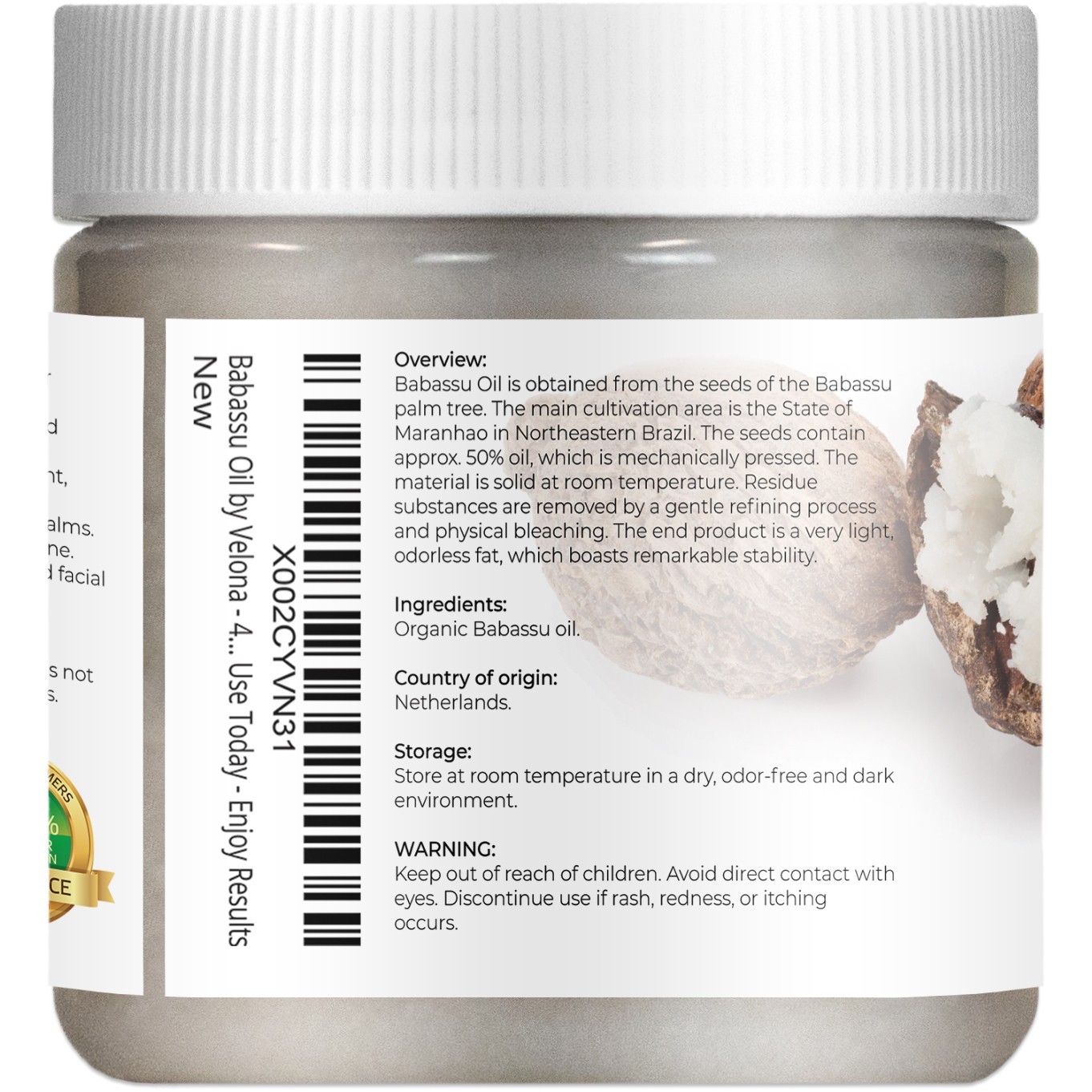 Velona Babassu Oil USDA Certified Organic 4 oz Food, Cosmetic Grade Cold Pressed
