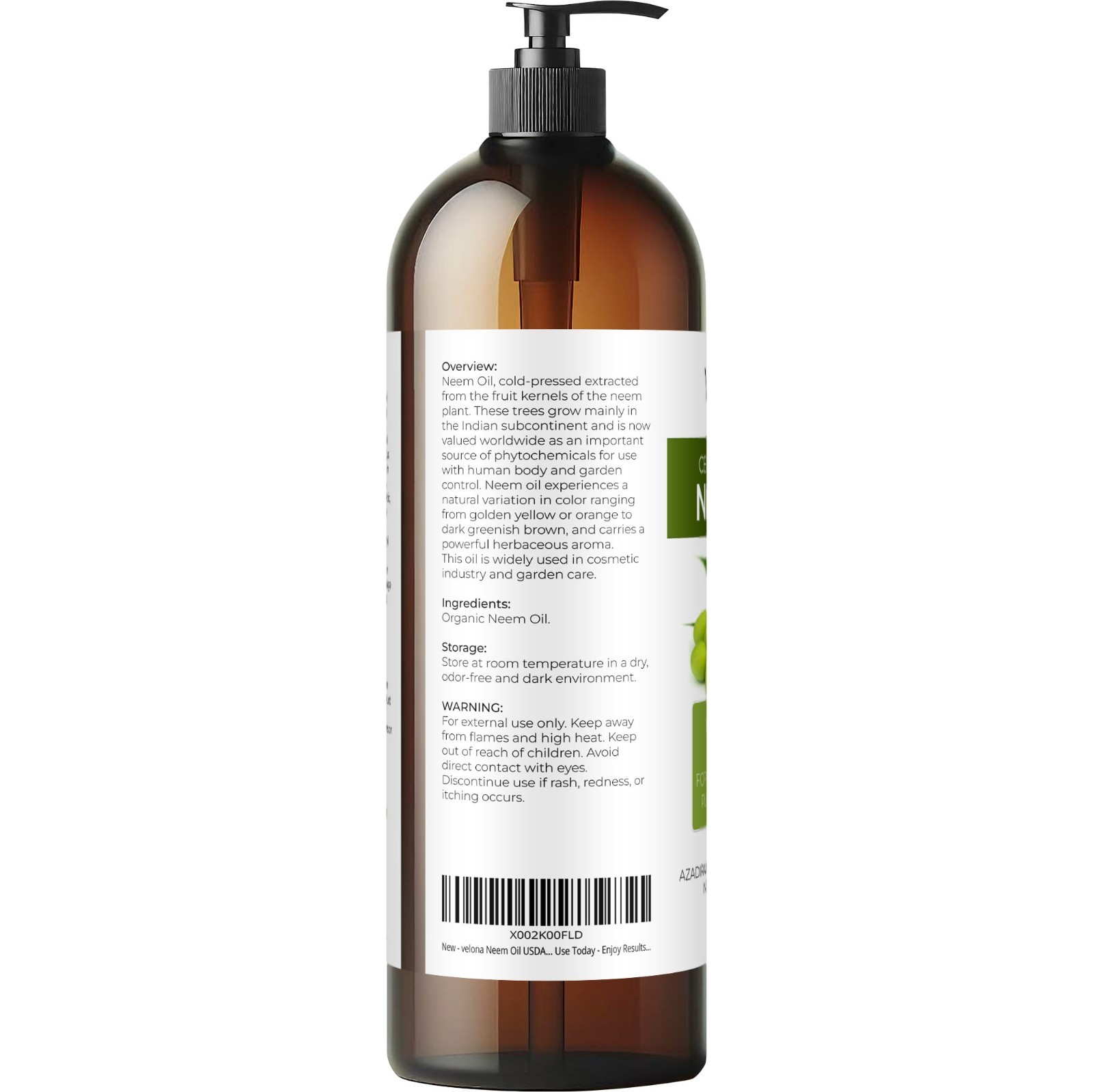 Velona Neem Oil USDA Certified Organic – 32 oz Virgin, Unrefined, Cold Pressed