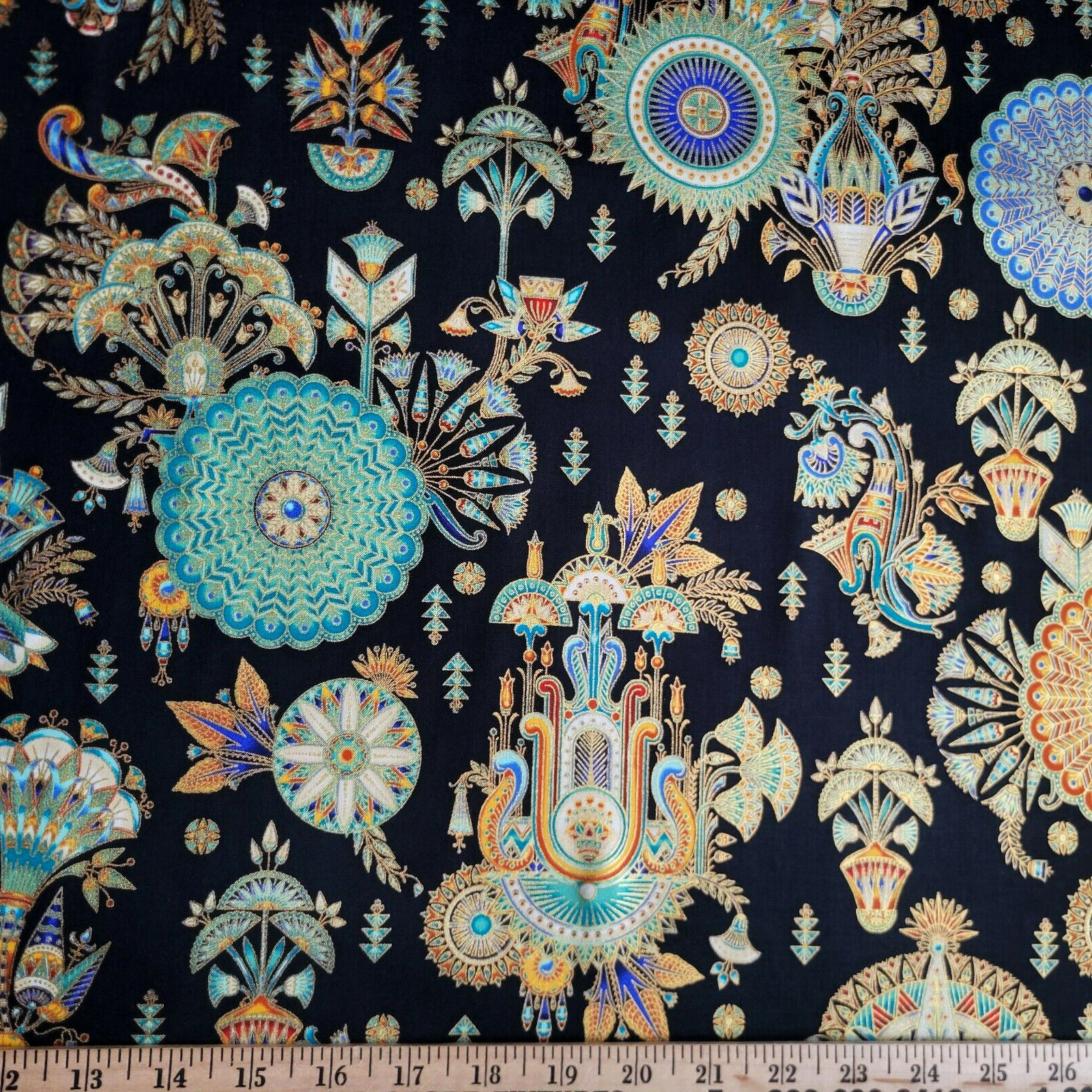 Ancient Egyptian Tossed Motifs on Black, R. Kaufman Ancient Beauty Collection