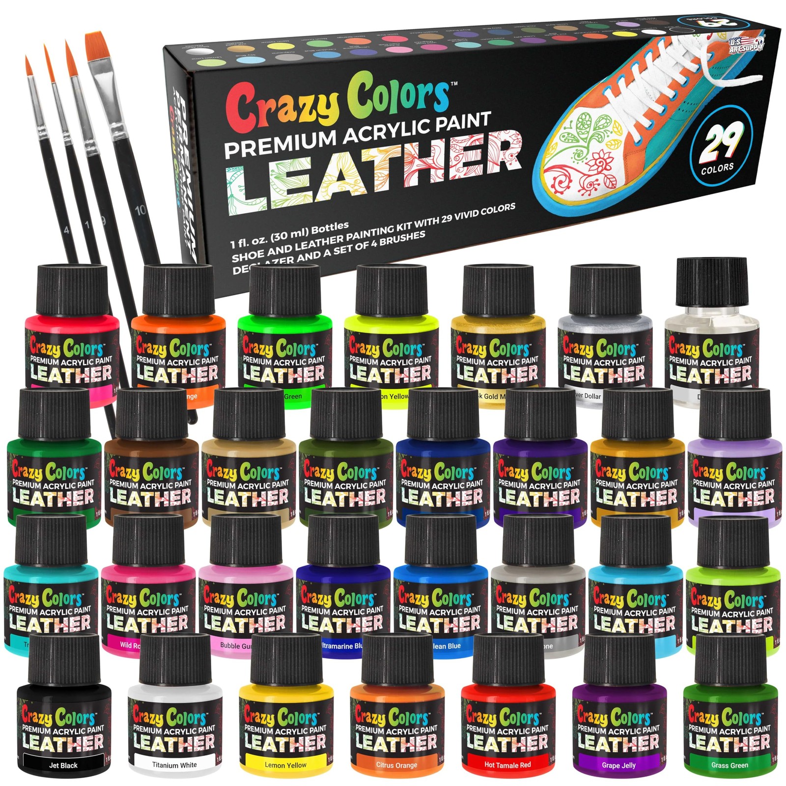 Acrylic Leather and Shoe Paint Kit, 29 Colors, Deglazer, 4-Piece Brush Set – 1 o