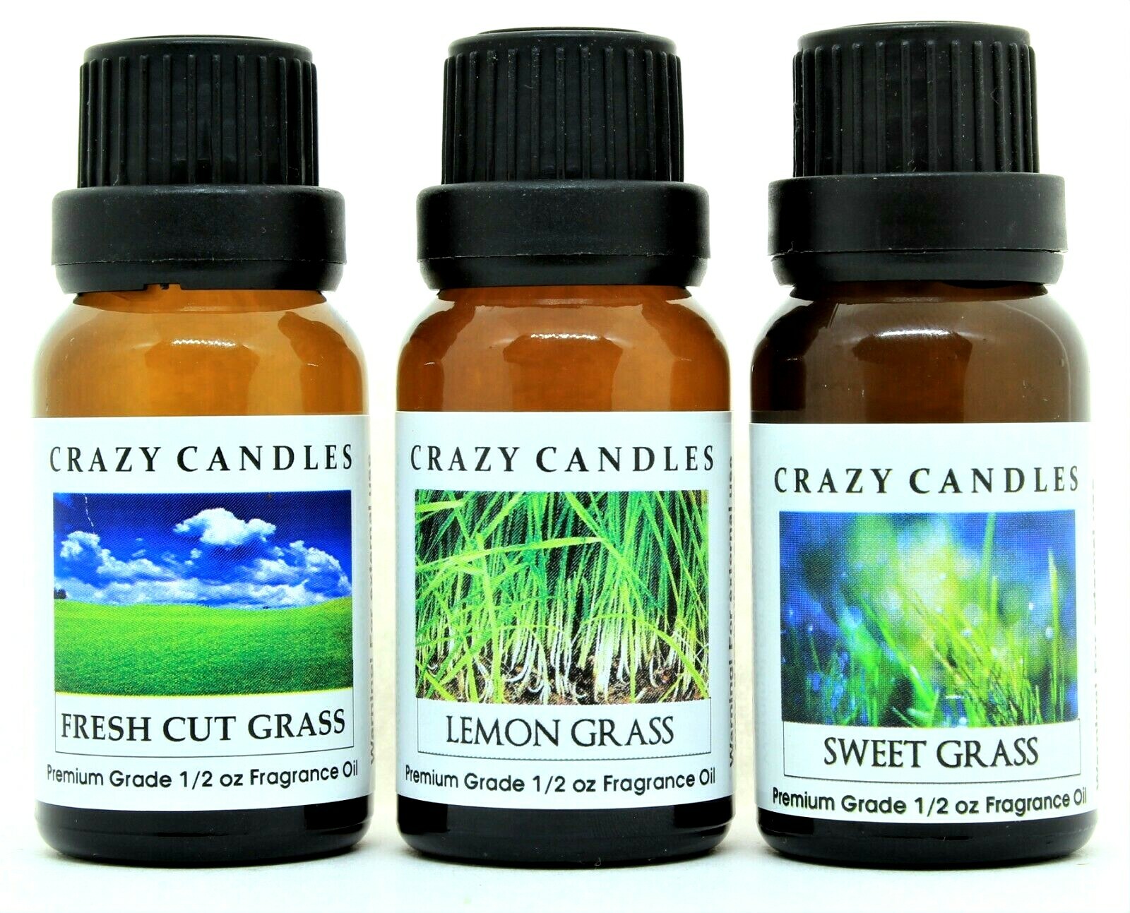 3 Fragrance Oil Set, Fresh Cut Grass, Lemon Grass, Sweet Grass 1/2oz Premium