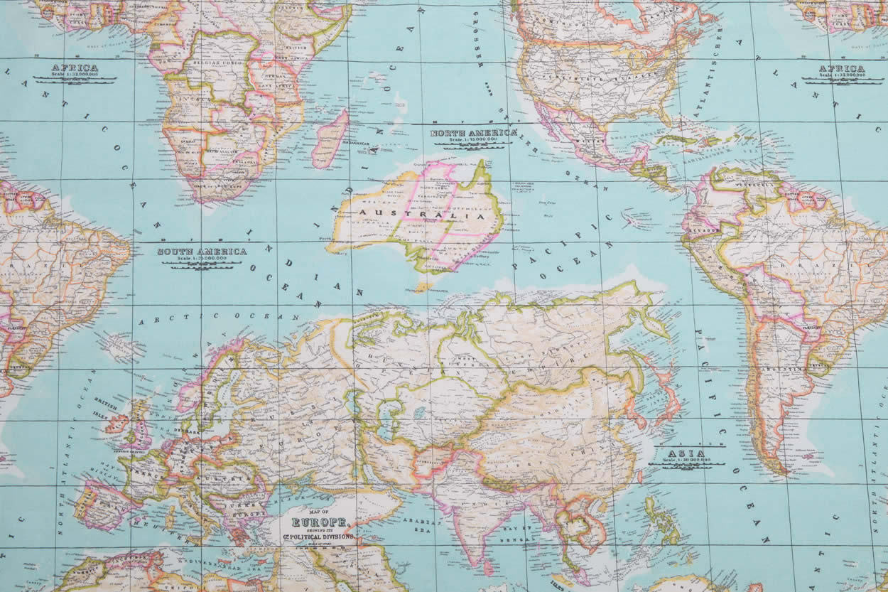 WORLD MAP 2 Globe Atlas Furnishing Fabric Cotton Material 55” wide SKY BLUE