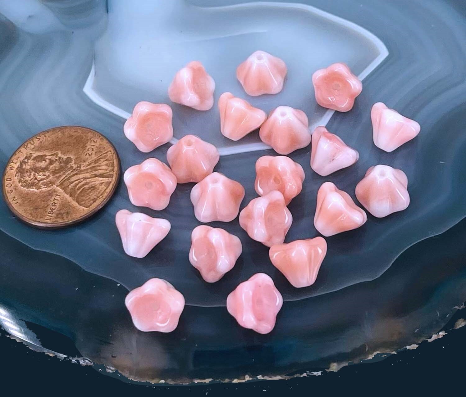 20 Czech Glass Baby Bell Flower Beads – Pink and Cream 8x6mm