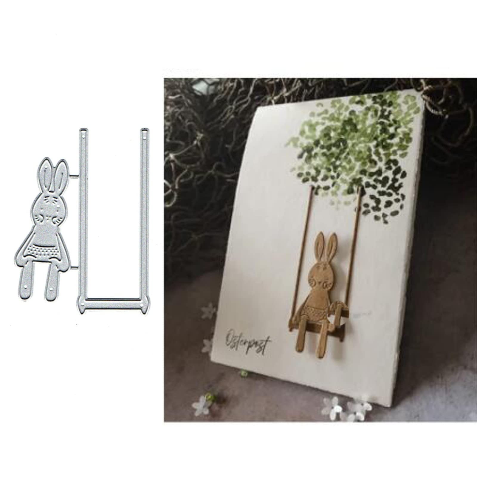 Swing Bunny Rabbit Metal Die Cuts,Flower Leaf 8×5.9cm/3.14X2.32inch, Silver