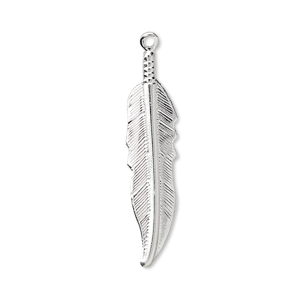 Charm, Shiny Silver Plated Brass Single Sided 32x7mm Feather Charms