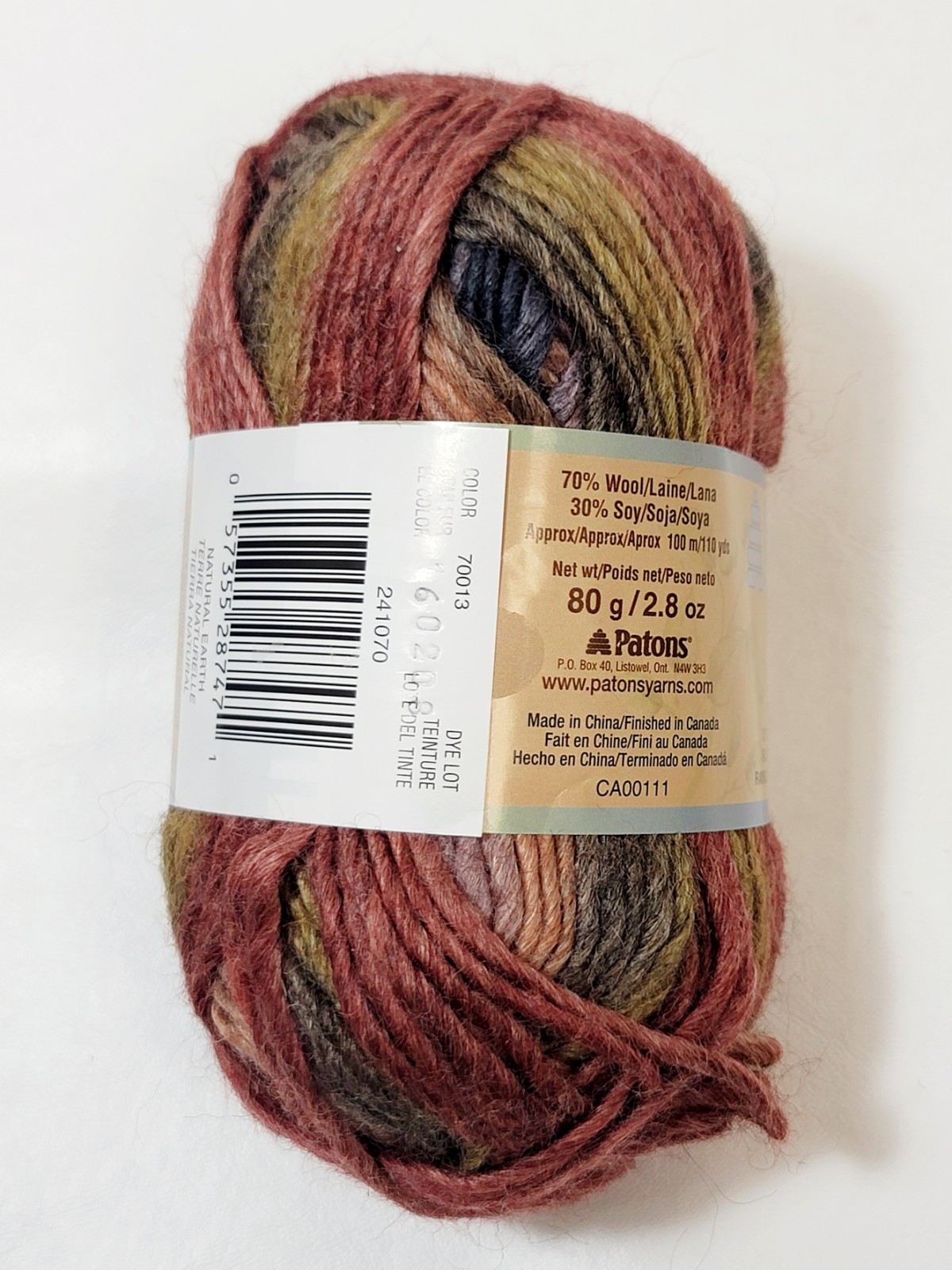 Patons SWS Soy Wool Stripes Yarn – 1 Skein Color Natural Earth 110 Yards