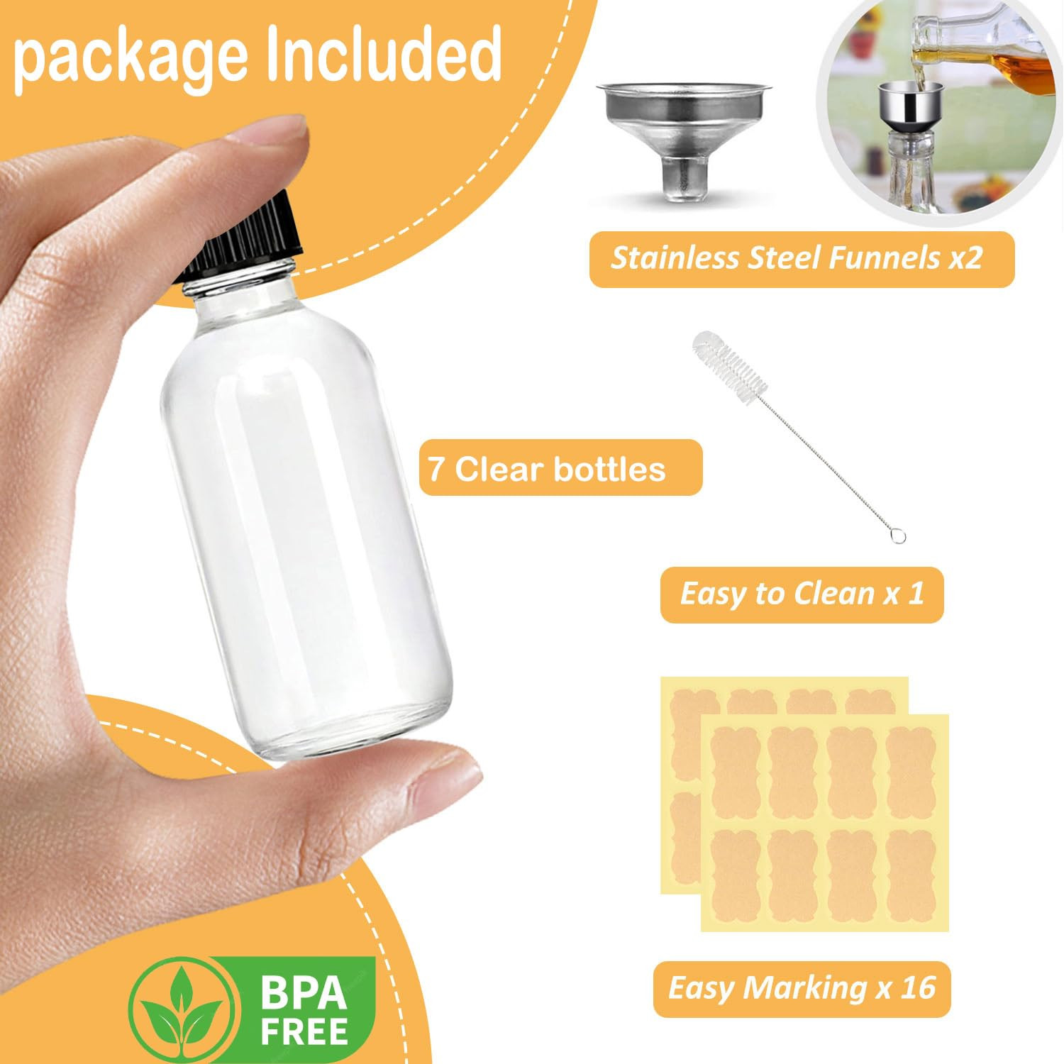 2Oz Small Clear Glass Bottles with Lids – 7 Pack Shot Bottles with Caps for Ging
