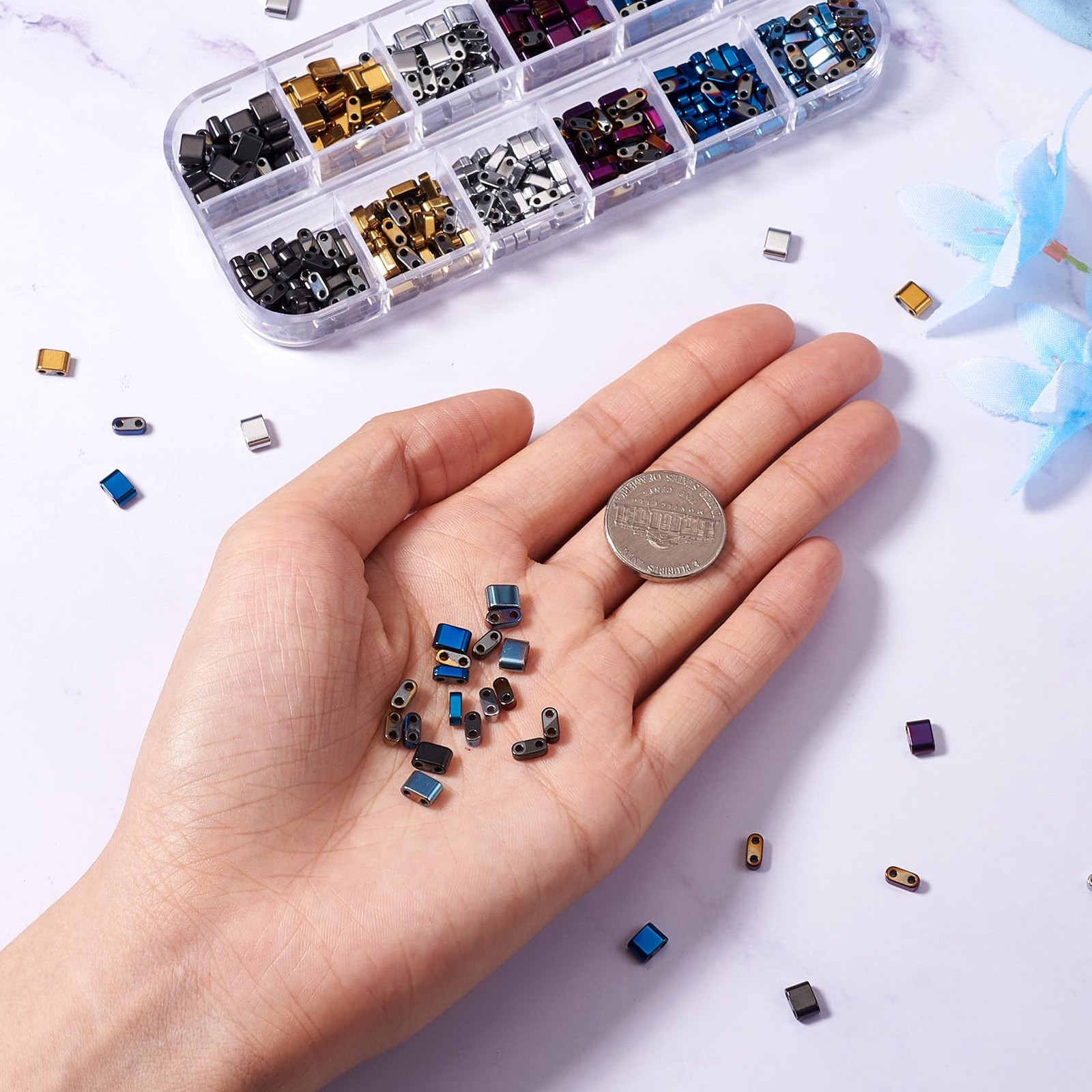 480Pcs Tila Beads Metallic 2-Hole Seed Beads Rectangle Hematite Mixed Half