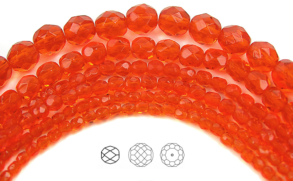 Czech Fire Polished Round Faceted Glass Beads Hyacinth orange red color, 16″ str