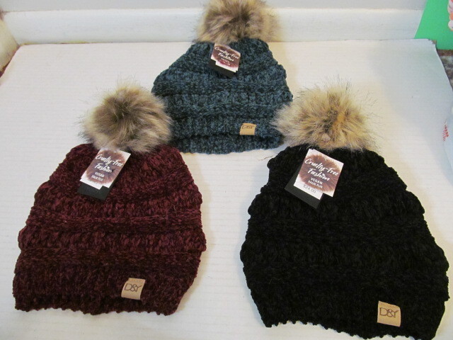 David & Young Cruelty-Free Vegan Faux Fur Knit Hats, Burgundy, Green or Black