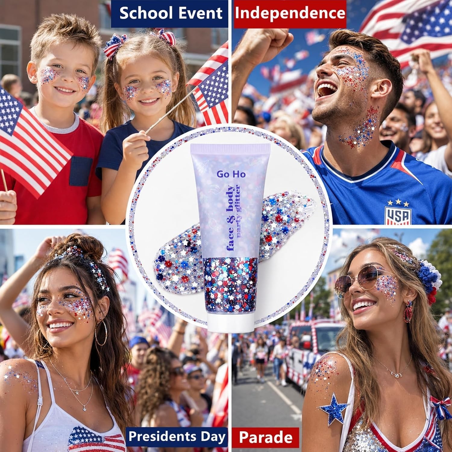 Cruelty-Free 4th of July Body Glitter with Hexagonal Sequins for Kids & Adults