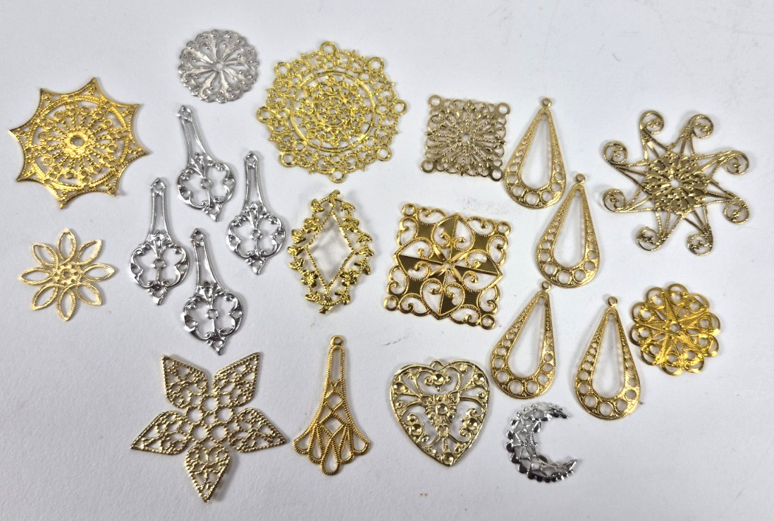 Lot of 100+ Pcs of Brass & Metal Cross Stitch & Jewelry Charms Filagree Findings