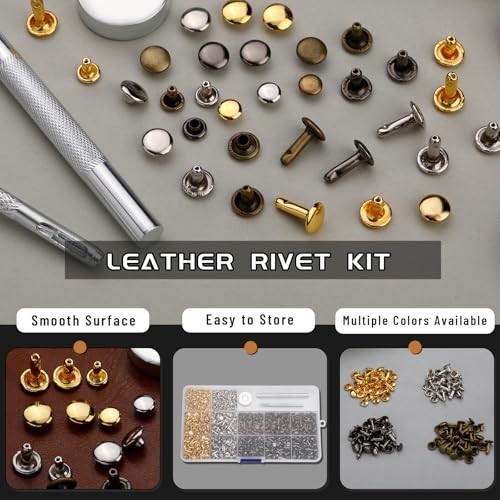 540 PCS Leather Rivets Double Cap Kit, 3 Sizes, 4 Colors, Includes Tools