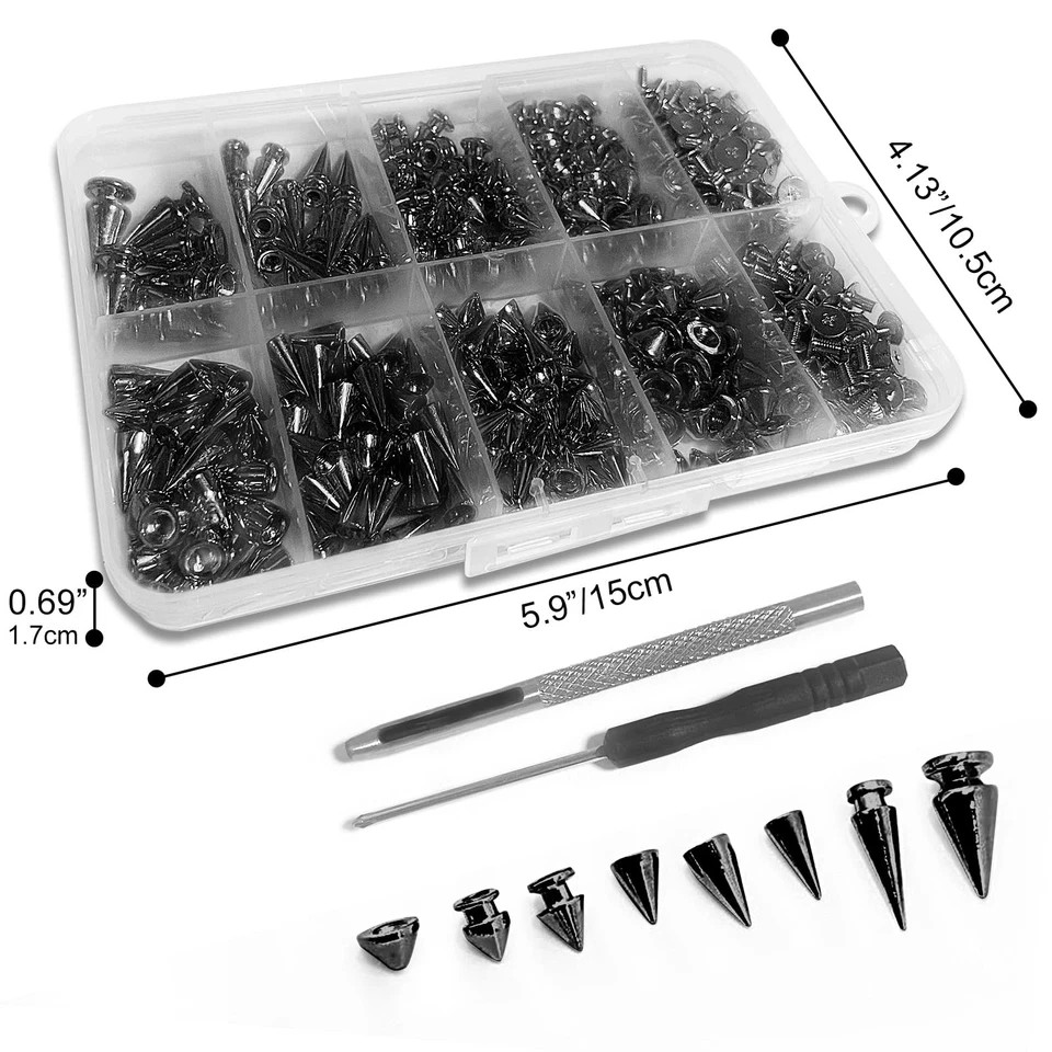 354 Pcs Punk Spikes and Studs Kit 8 Sizes Metal Cone Spike Studs Rivets for C…