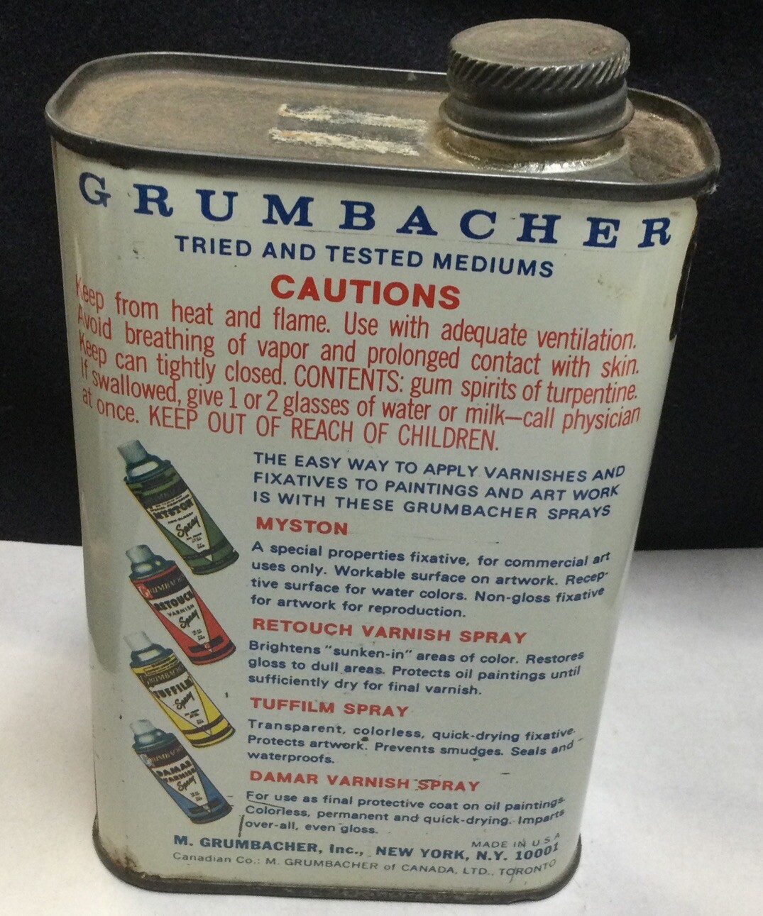Vintage Grumbacher Turpentine 16 Oz. 1 pt. Can