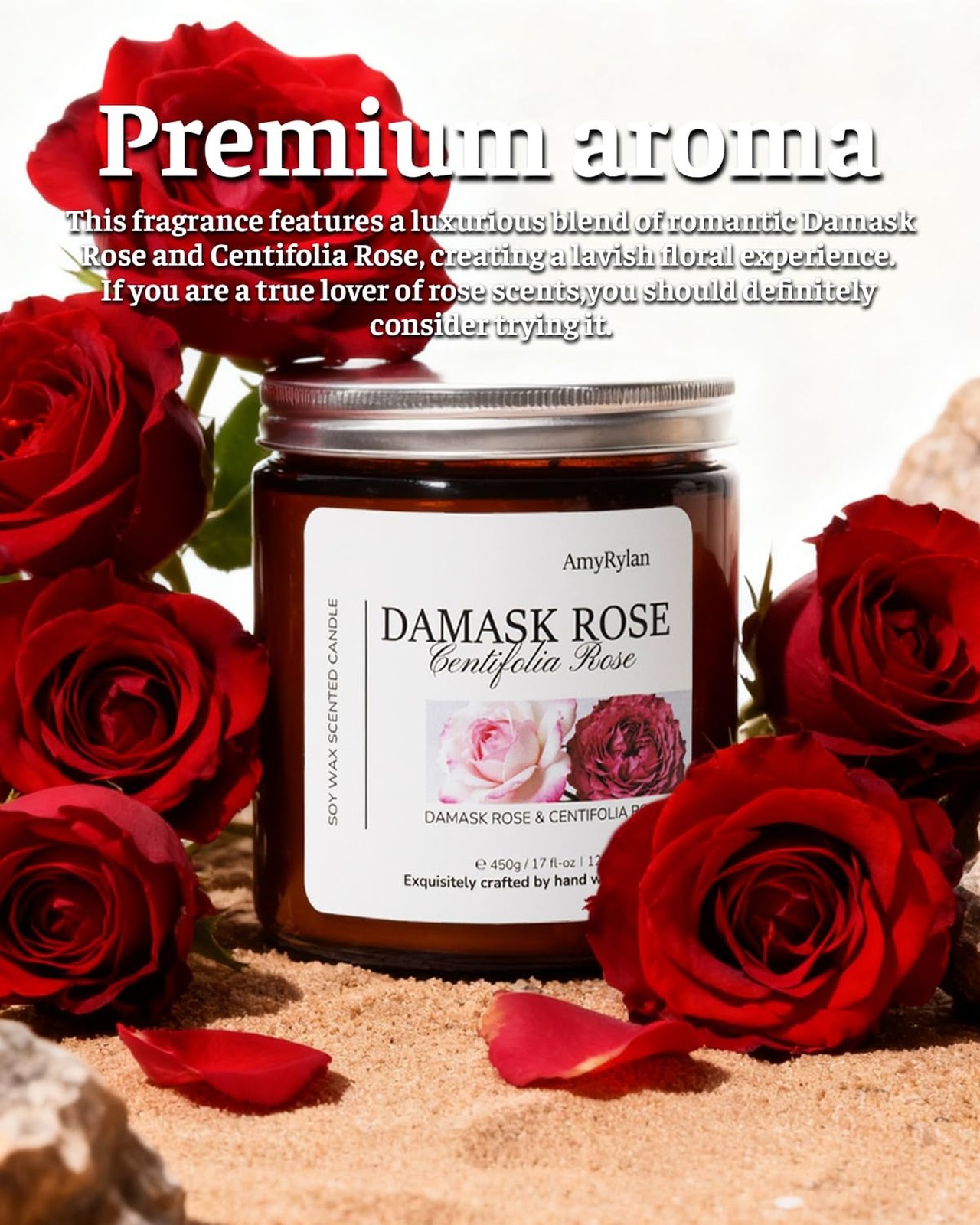 2 Wicks 17oz Large Non-Toxic Soy Wax Scented Candle, Damask Rose&Centifolia R…