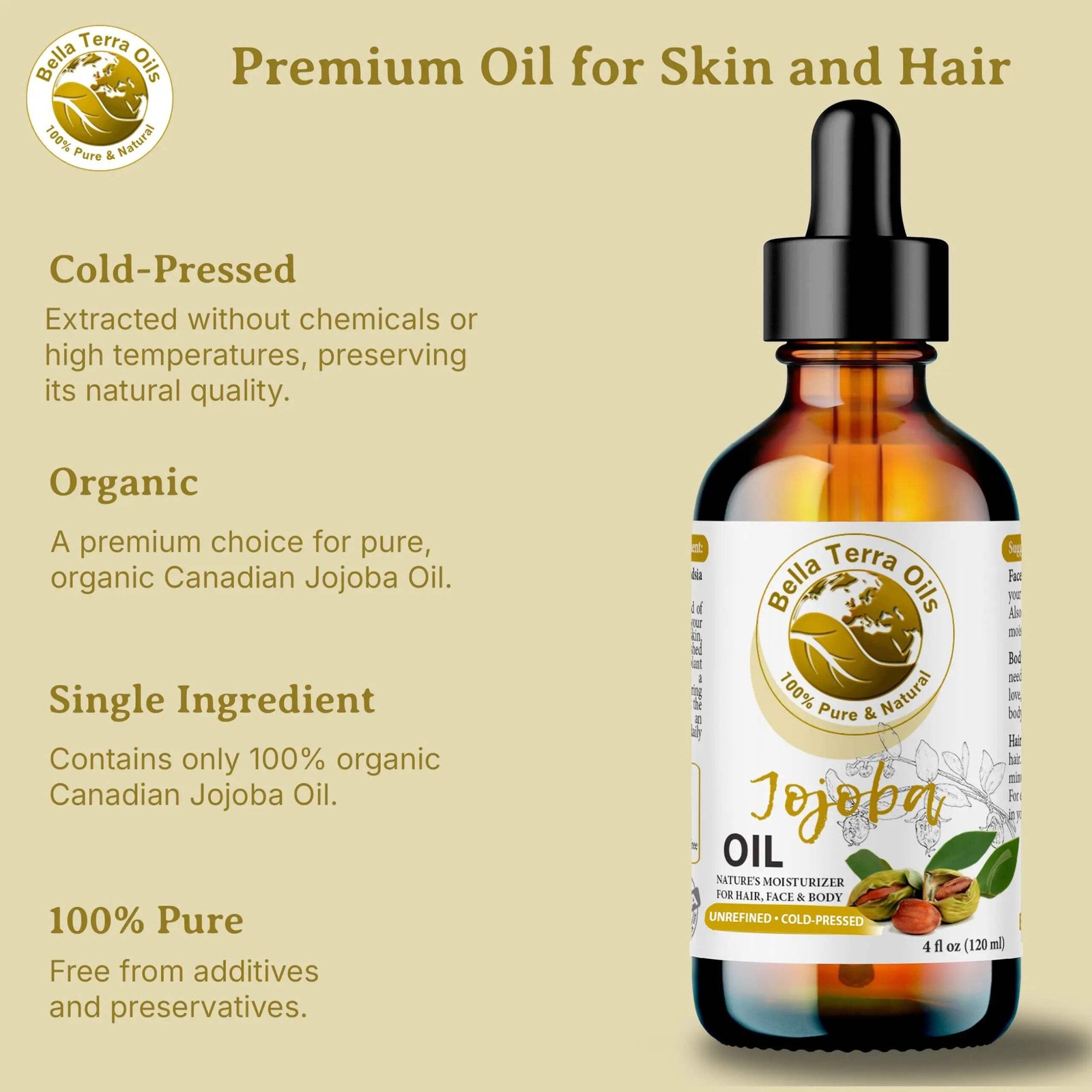 Organic Cold-Pressed Golden Jojoba Oil 100% Pure Skin Hair Face Moisturizer