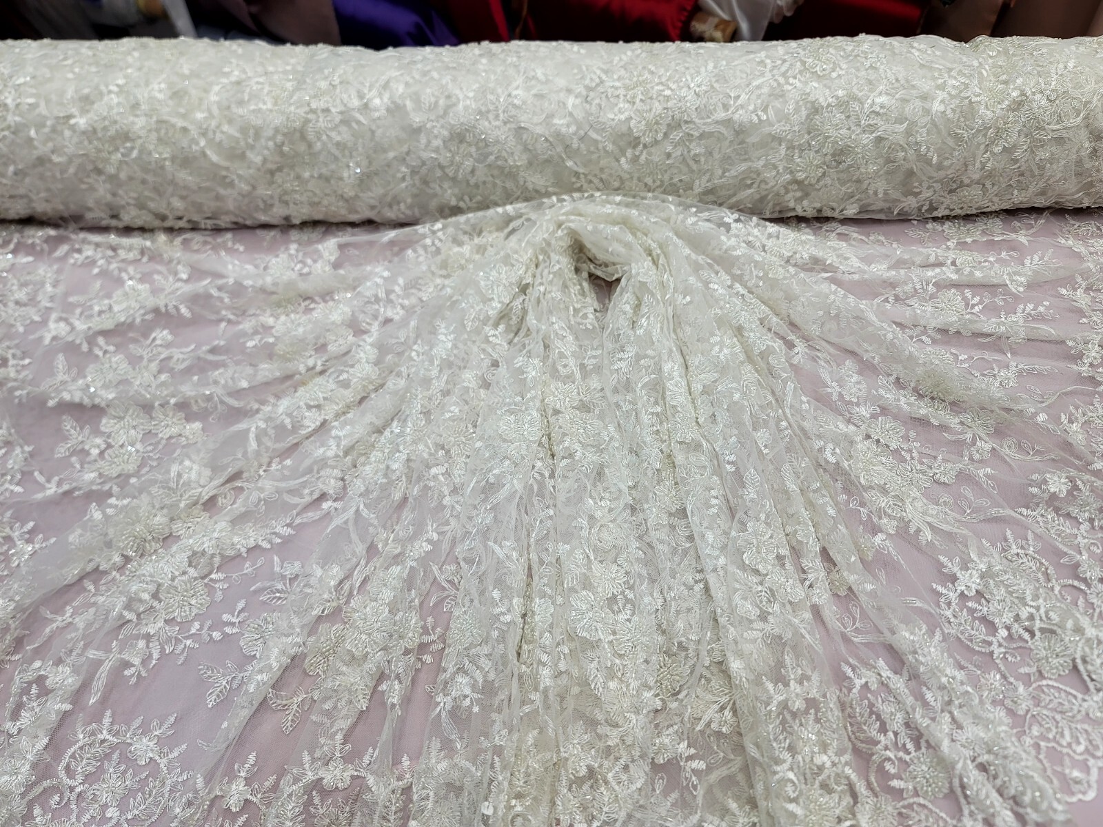OFF WHITE Beaded Embroidery Bridal Lace Fabric By The Yard Wedding Fabric Scallo