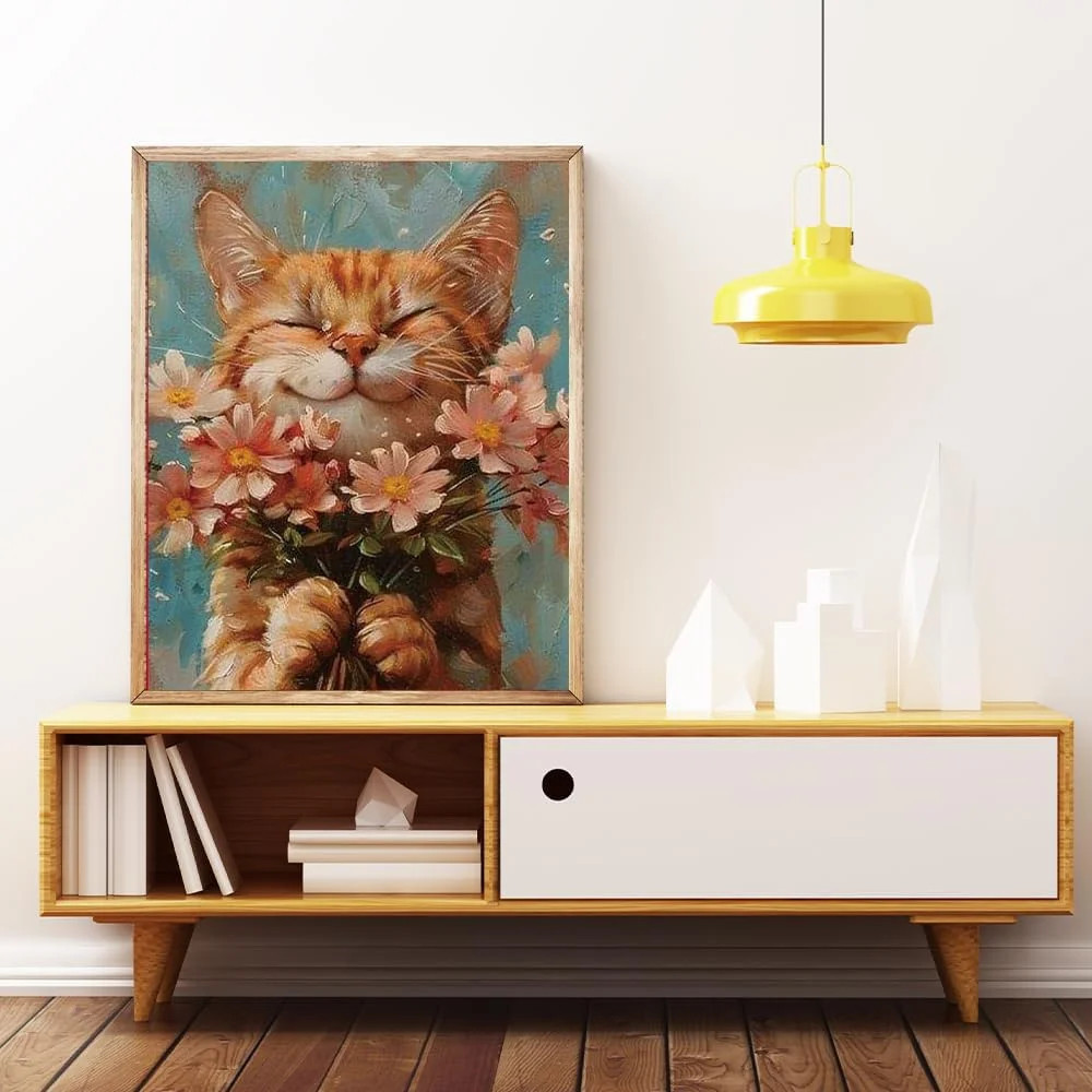 Smiling Orange Cat with Flowers Diamond Painting Kits for Adults, Ginger Cat Dai