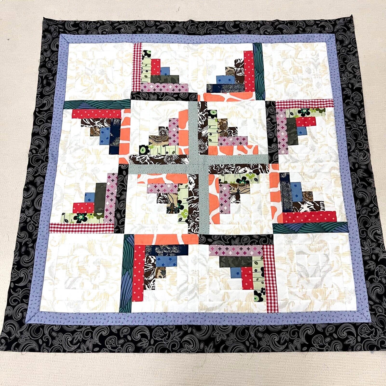 Handmade Log Cabin Star Baby Quilt Top 47×47″ Pieced~ BABY/BED/Wall Decor