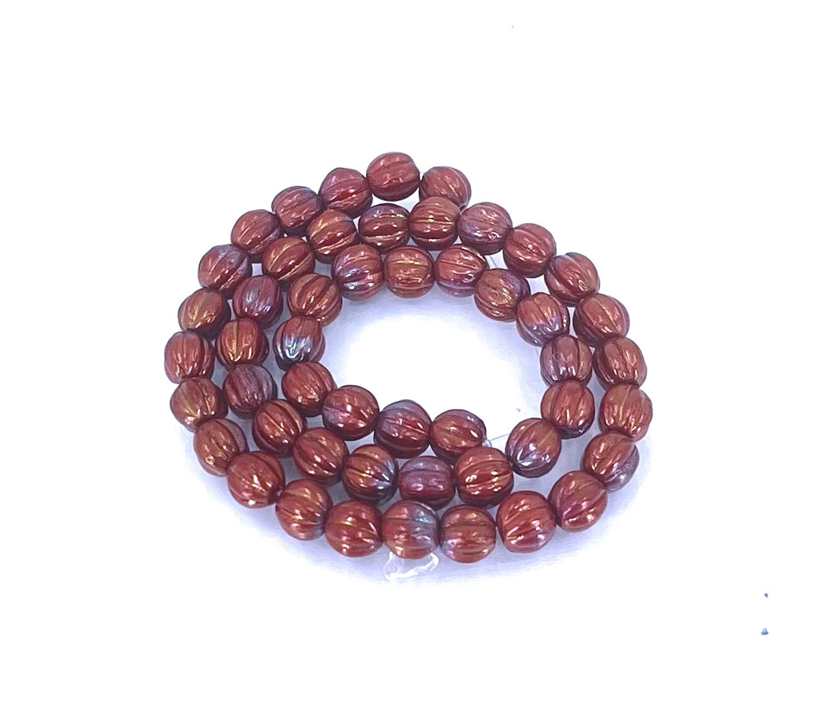 50 Czech Glass Carved Melon Round Beads – Bronze Luster Iris – Opaque Red 5mm