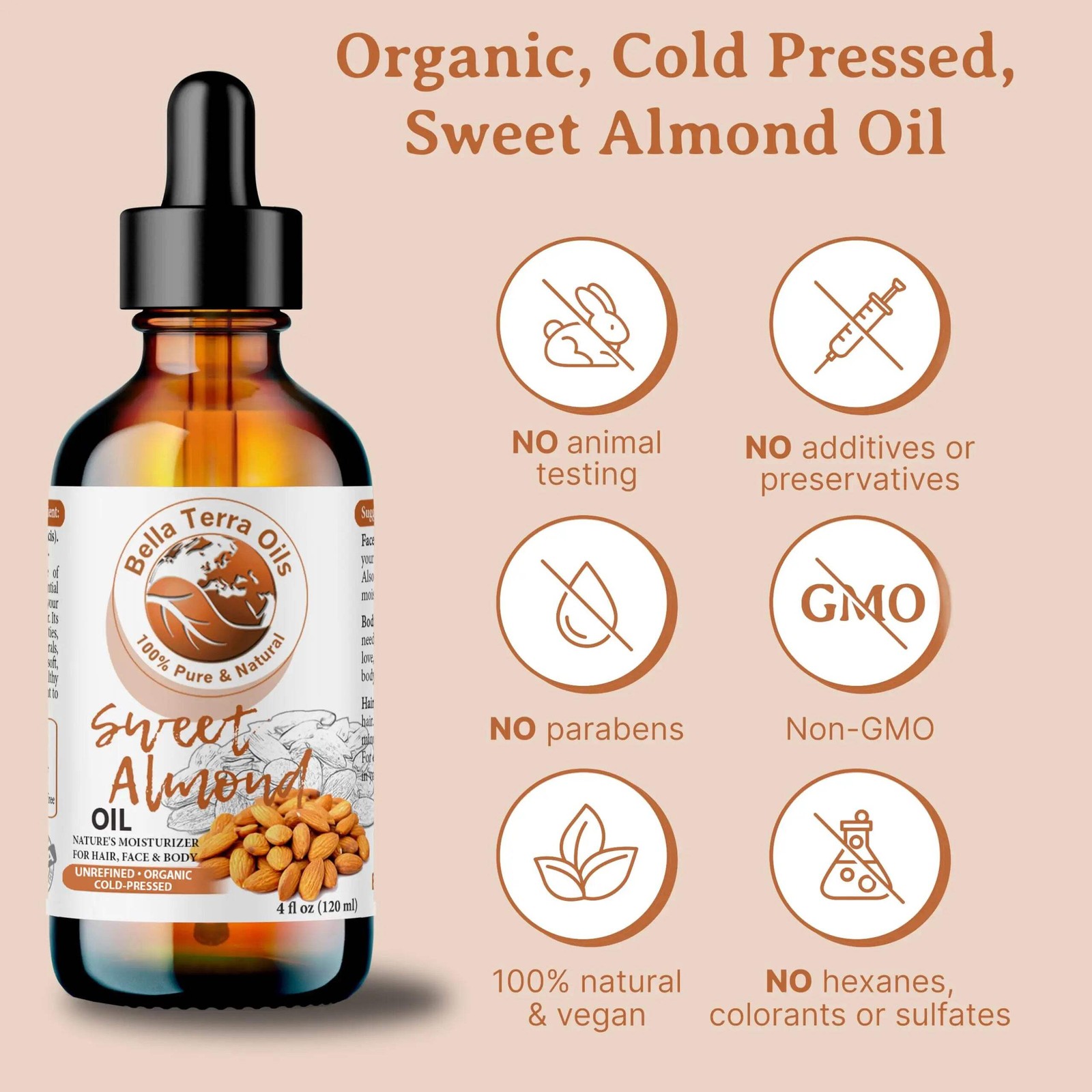 Organic Cold-Pressed Sweet Almond Oil 100% Pure Skin Hair Massage Oil
