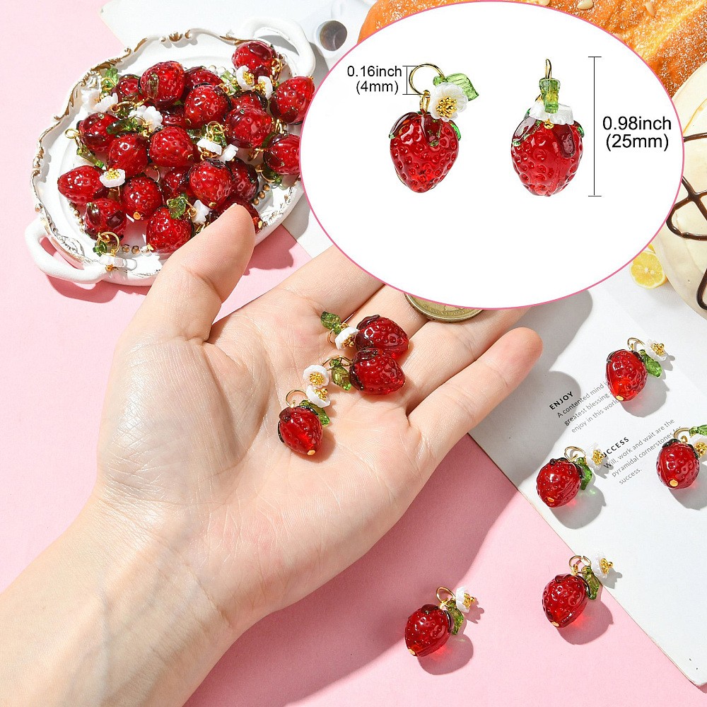 30Pcs Acrylic Lampwork Pendants, Red Strawberry Cute Charms for DIY Crafts