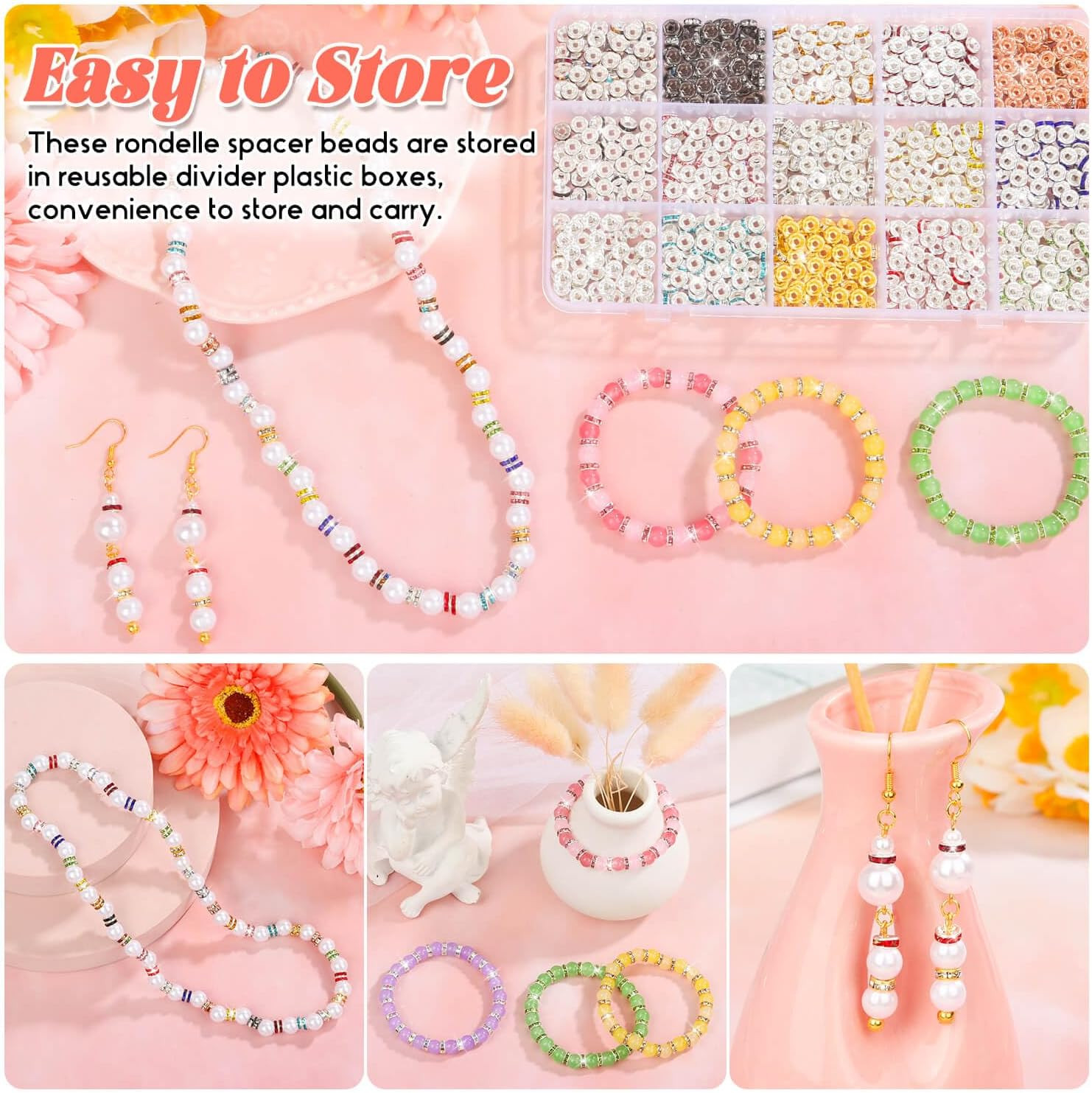 1200 Pieces Rondelle Spacer Beads for Jewelry Making, 6Mm Rhinestone Spacer Bead