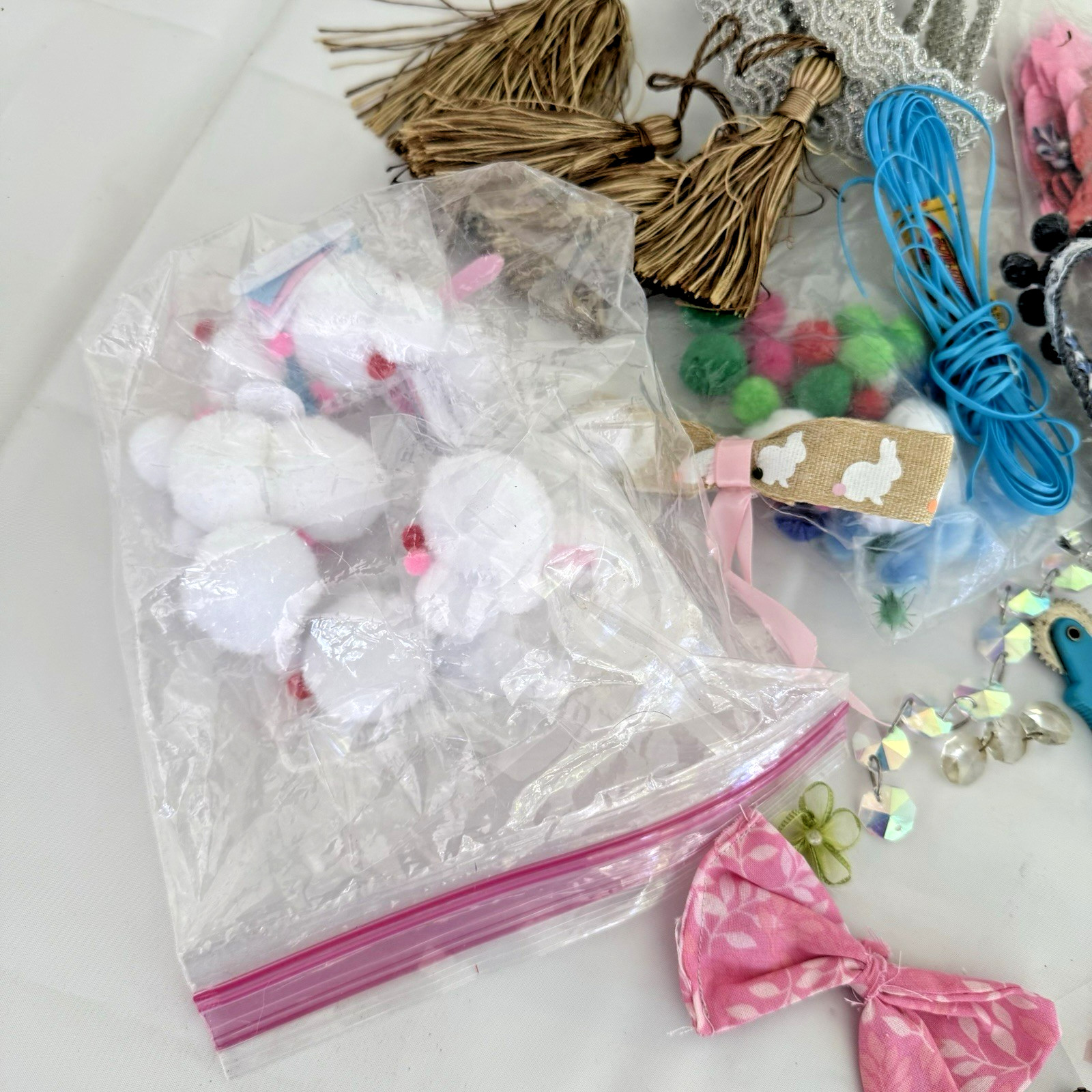 Mixed Lot Of Assorted Craft Sew Supplies Some Beads, Poms, Trims, Embellishments