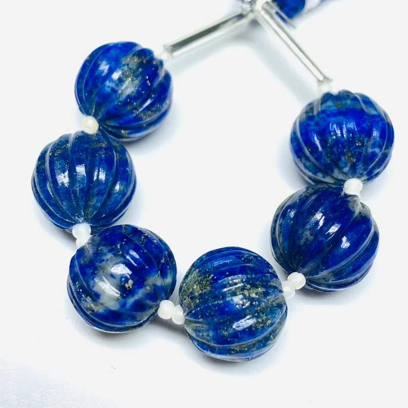 5 Pcs 100% Natural Lapis Lazuli Carved Melon Shape Beads Strand,, 12 mm
