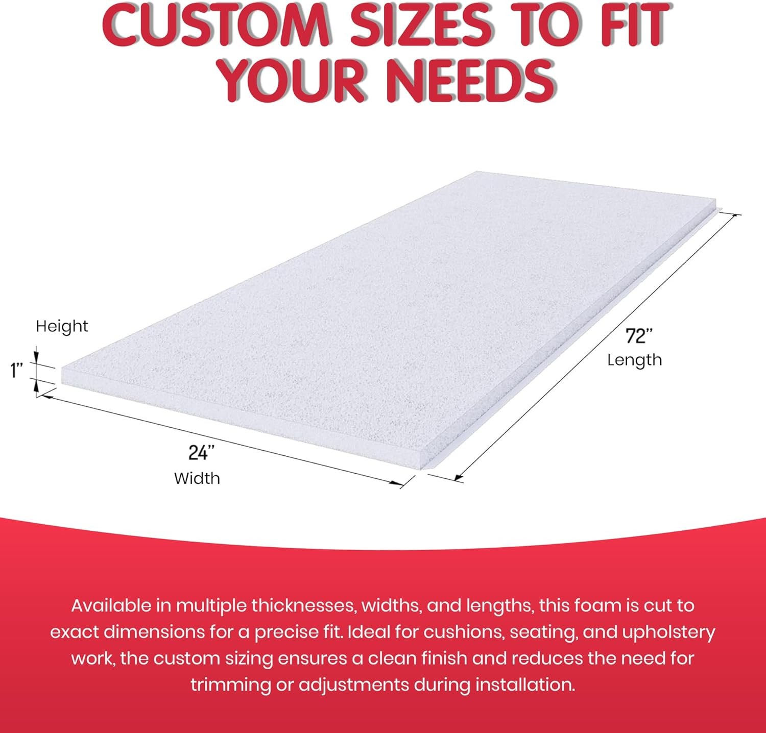 High Density 1 inch Thick, 24 inch Wide, 120 inch Long Upholstery Foam, Cushi…