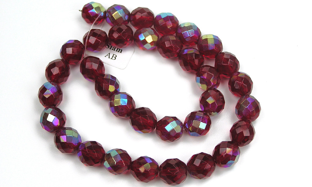 Czech Fire Polished Round Faceted Glass Beads in Siam AB coated, 16″ strand red