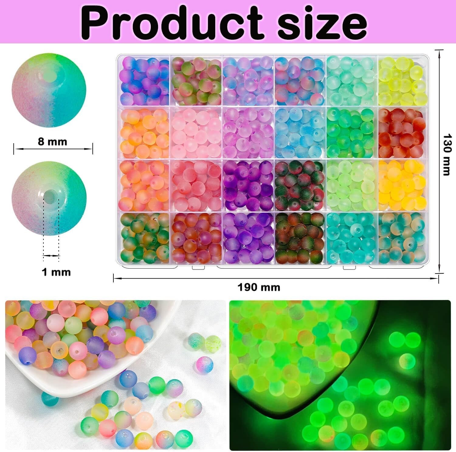 Glow in the Dark Glass Beads for Jewelry Making, 600Pcs 8MM 24 Grids Crystal Gem