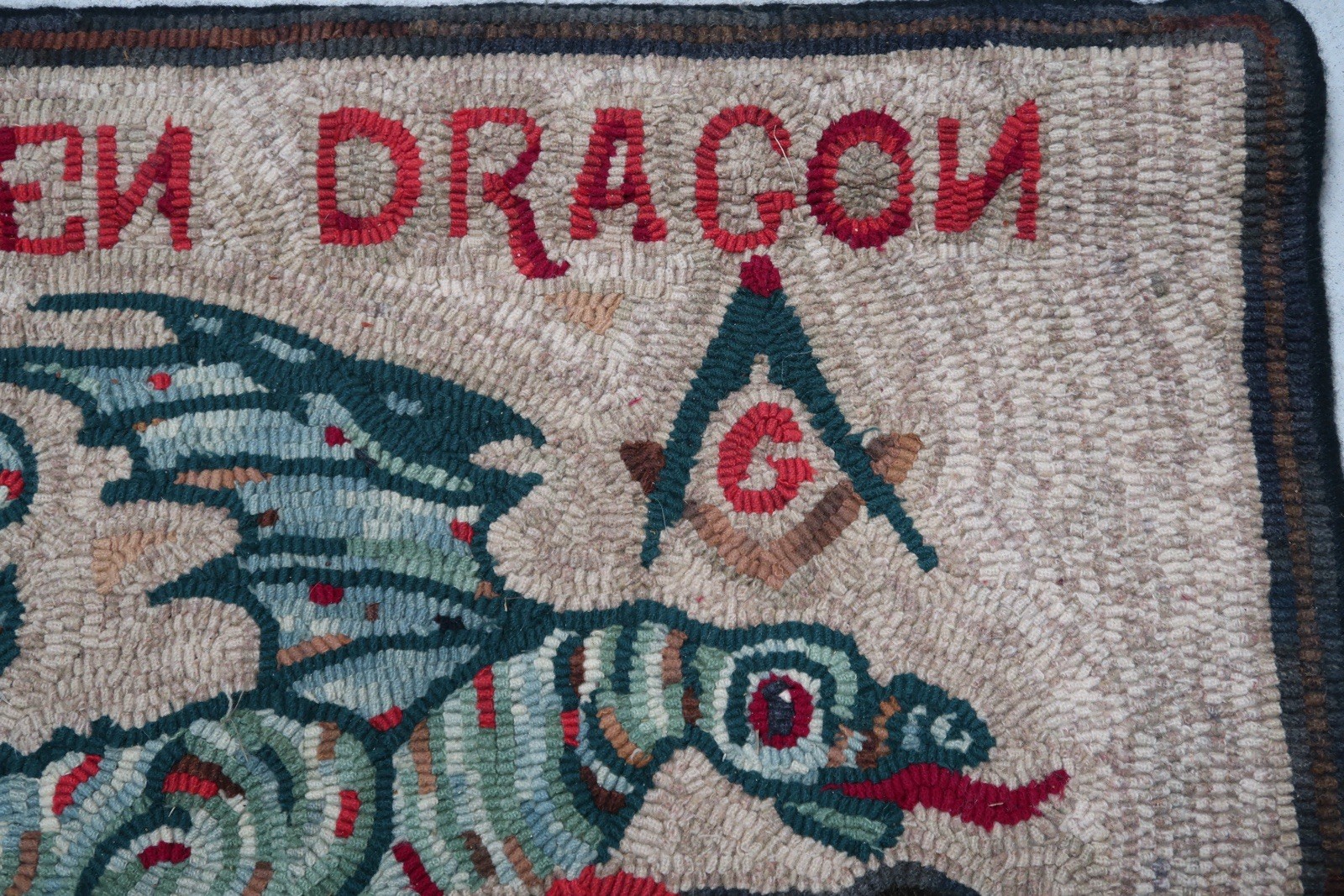 Hand Hooked Wool Rug Green Dragon Tavern Boston Tea Party Masonic Folk Art A3