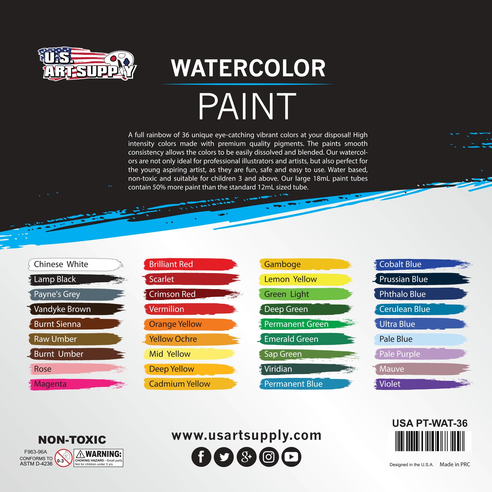 Professional 36 Color Art Watercolor Paint Set, 18ml Tubes Craft Artist Painting