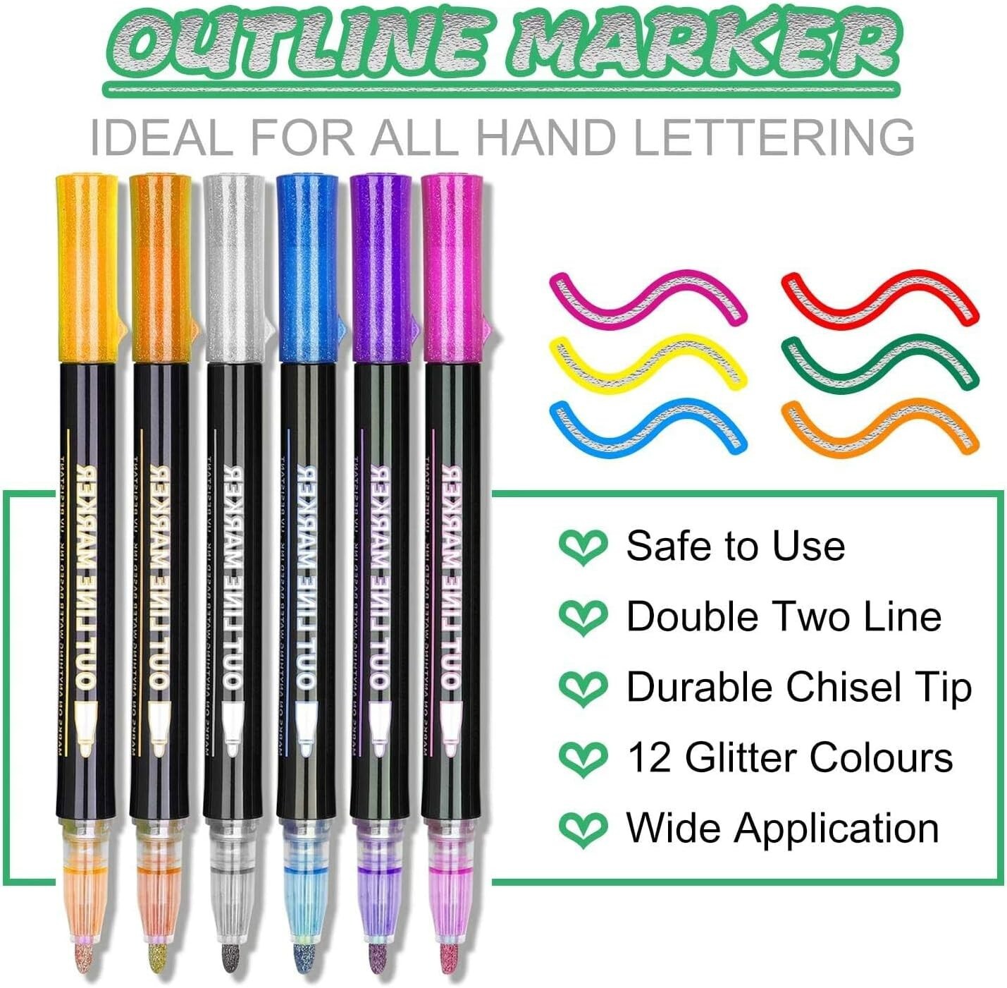 Super Sparkle Markers Double Line Outline Pens, 12 Colors Self Outline Metallic
