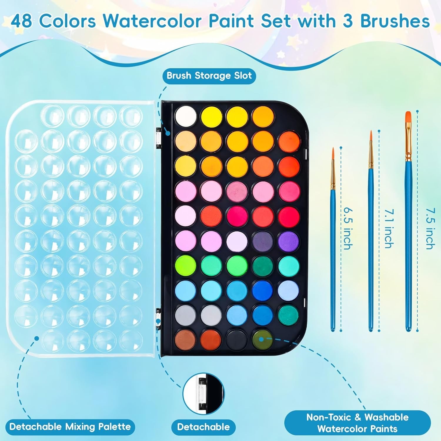 48 Color Solid Watercolor Paint Set with 3 Wooden Brushes Non Toxic Vibrant