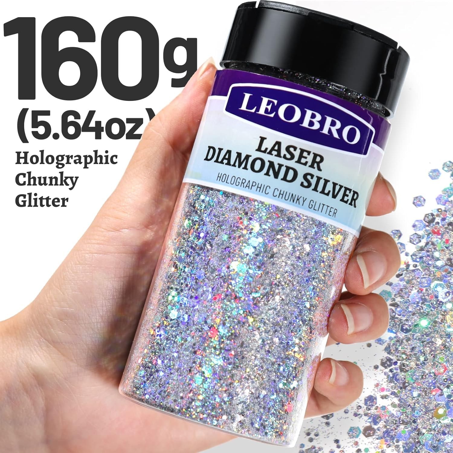 Silver Glitter, 160G/5.64OZ Holographic Chunky Glitter for Crafts, Resin, Bod…