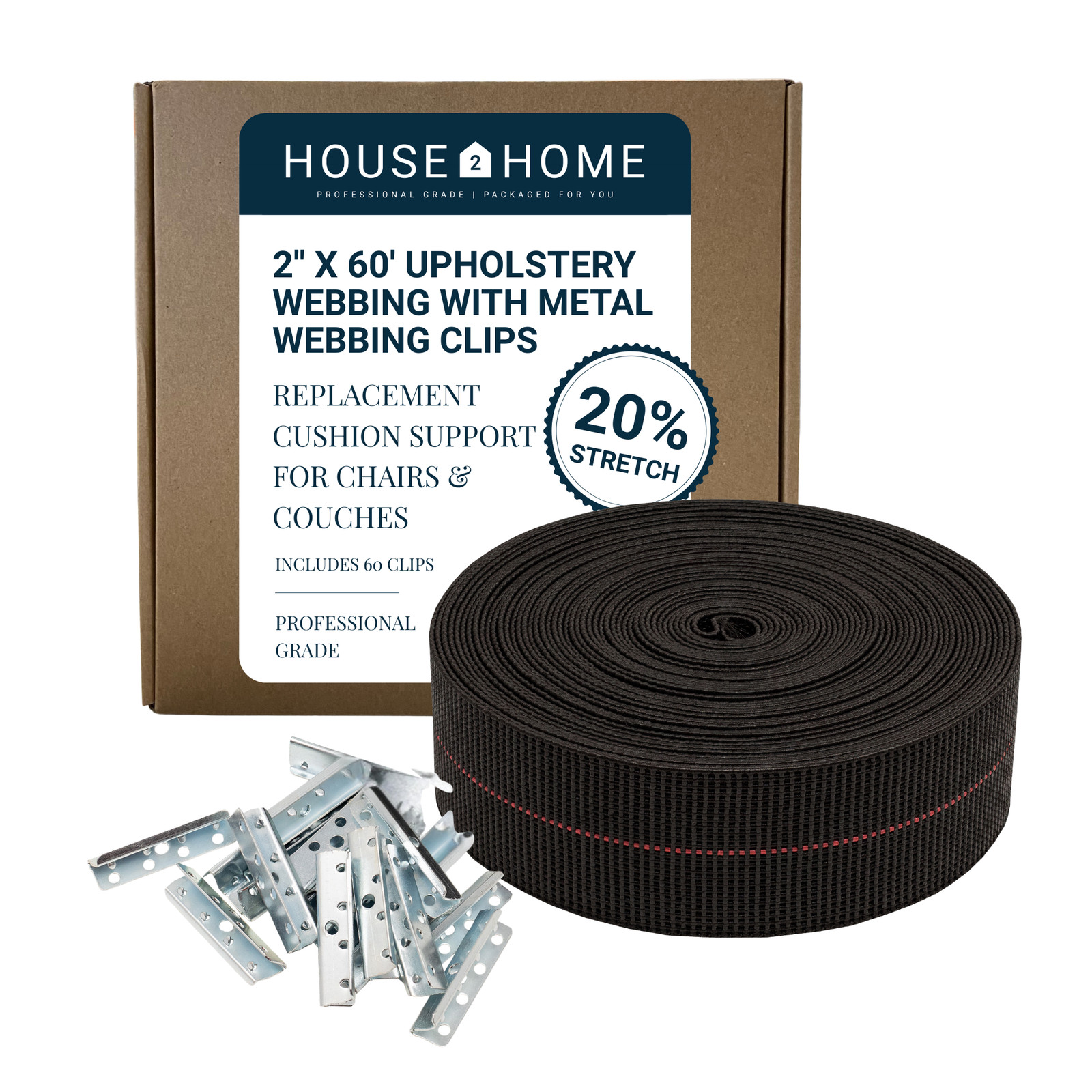 House2Home 2″ 20% Stretch Upholstery Webbing 60ft Roll & Clips Sofa Repair