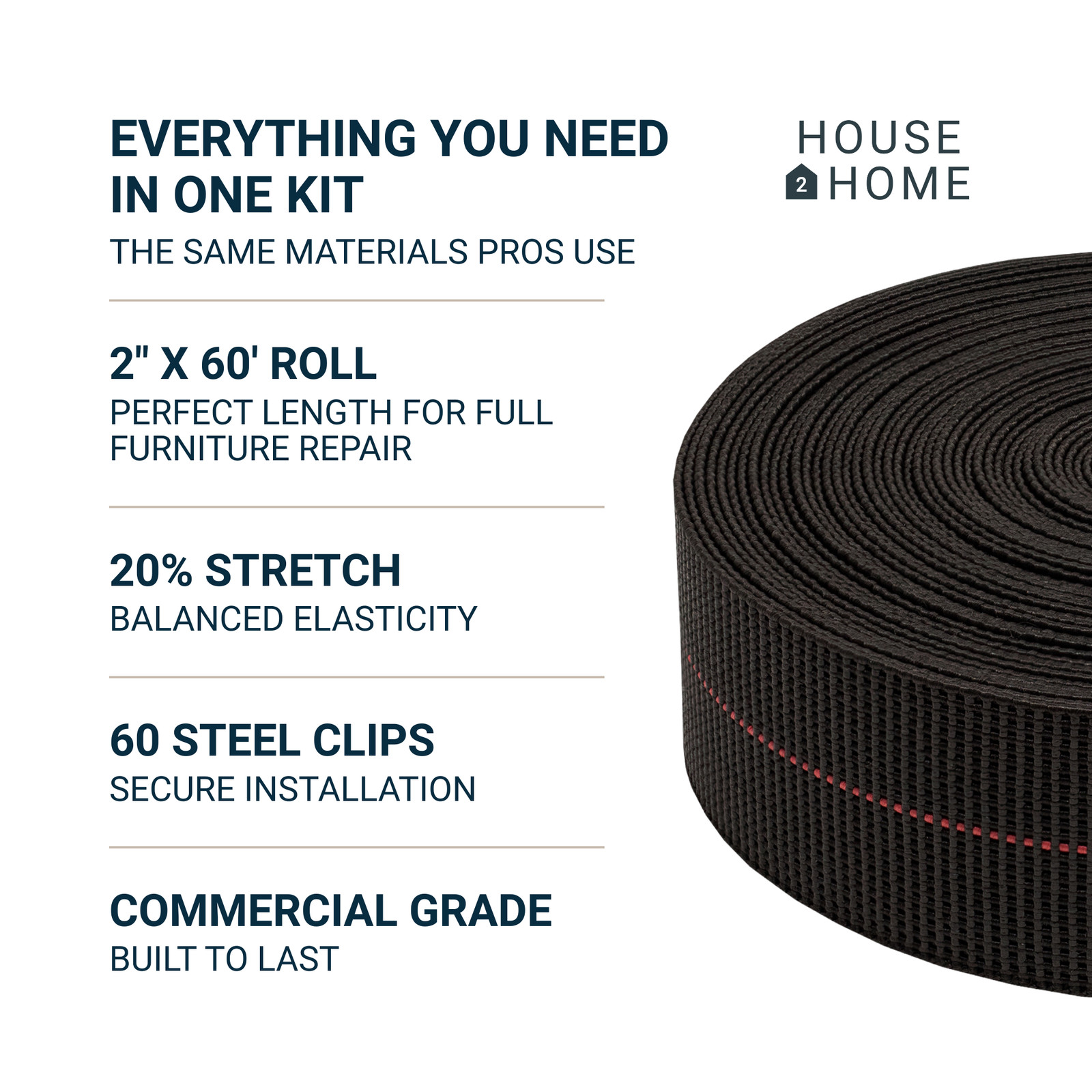 House2Home 2″ 20% Stretch Upholstery Webbing 60ft Roll & Clips Sofa Repair