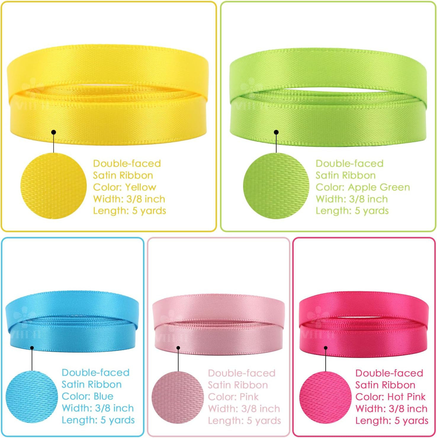 MEEDEE Rainbow Ribbon Solid Color Assortment 10 Colors Double Face Satin Ribbon