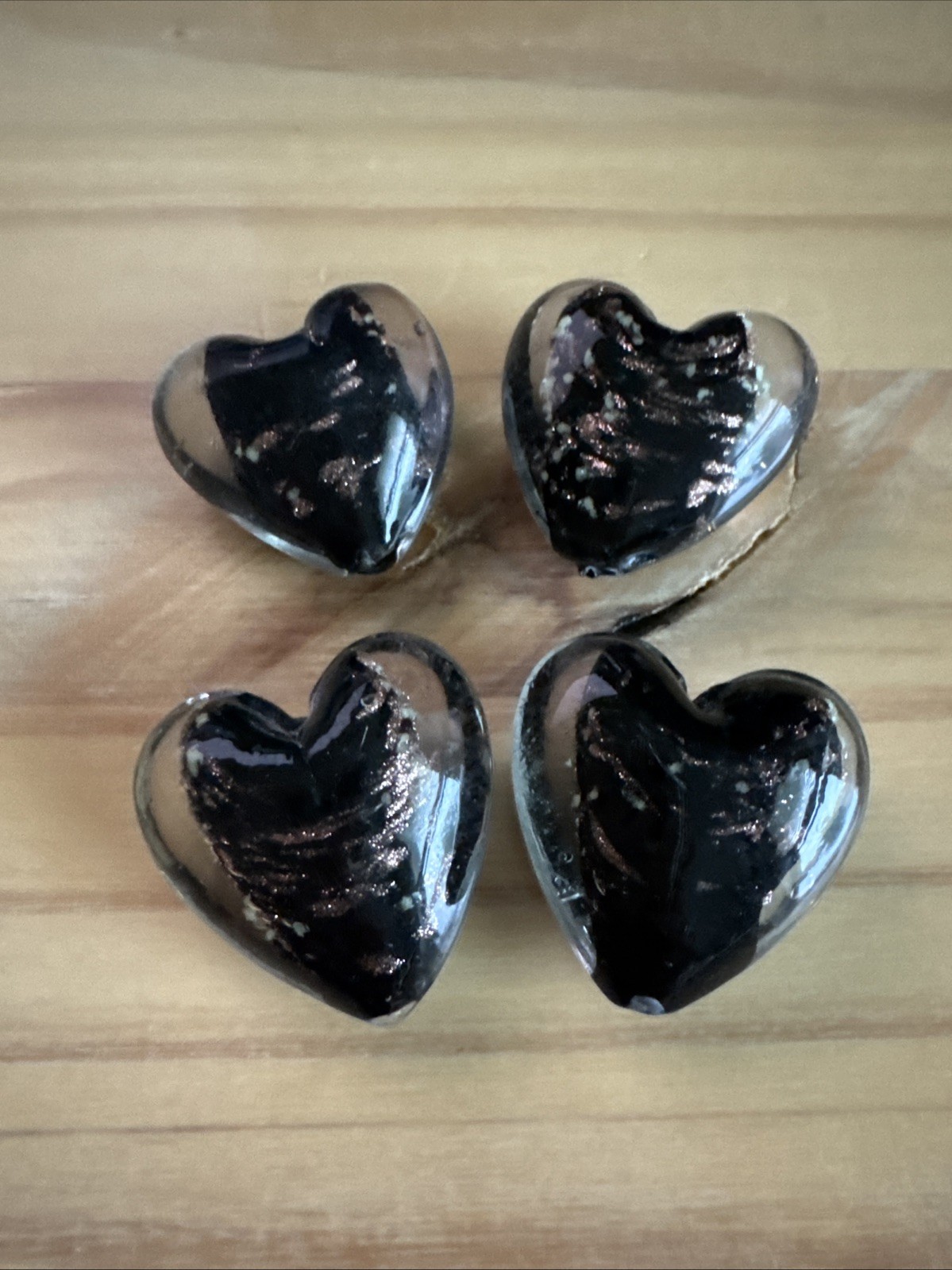 4 BLACK GOLD SAND HEART 3D Puffy 28mm LAMPWORK GLASS -jewelry beads