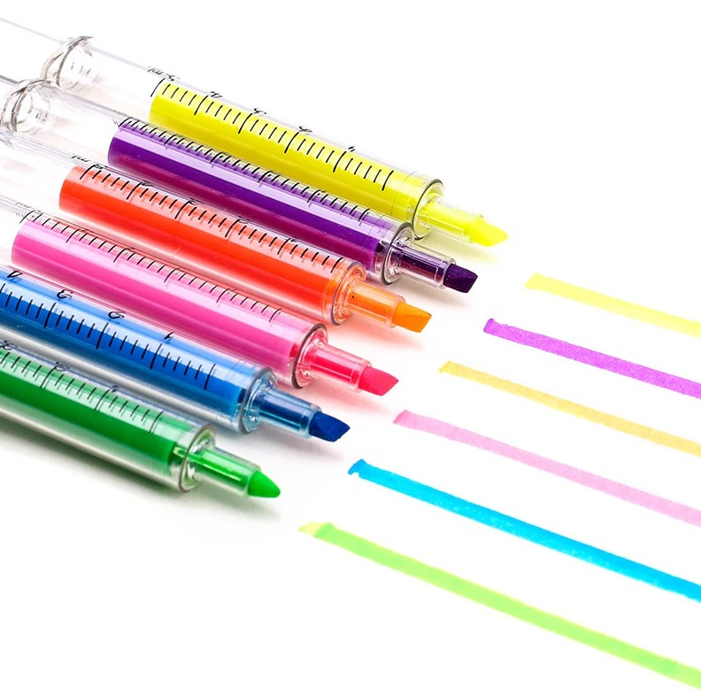 6pcs Kawaii Syringe Highlighter Pens Needle Shape Color Marker Set