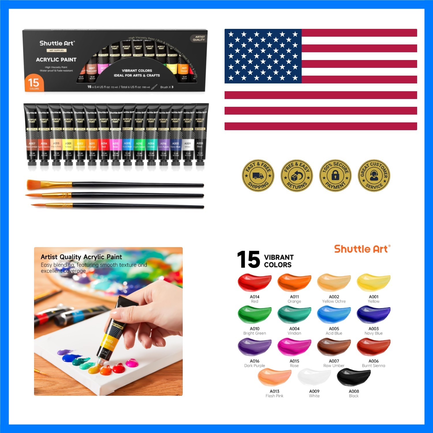 Acrylic Paint Set, 15 x 12ml Tubes Artist Quality Non Toxic Rich Pigments Col…