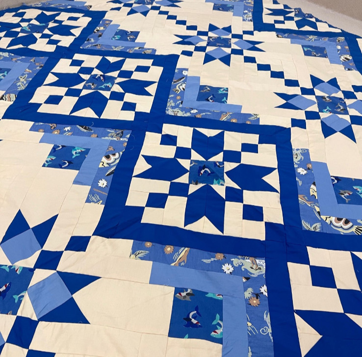 Handmade Blue Gazing Cotton Fabric Queen Size Patchwork quilt top/topper