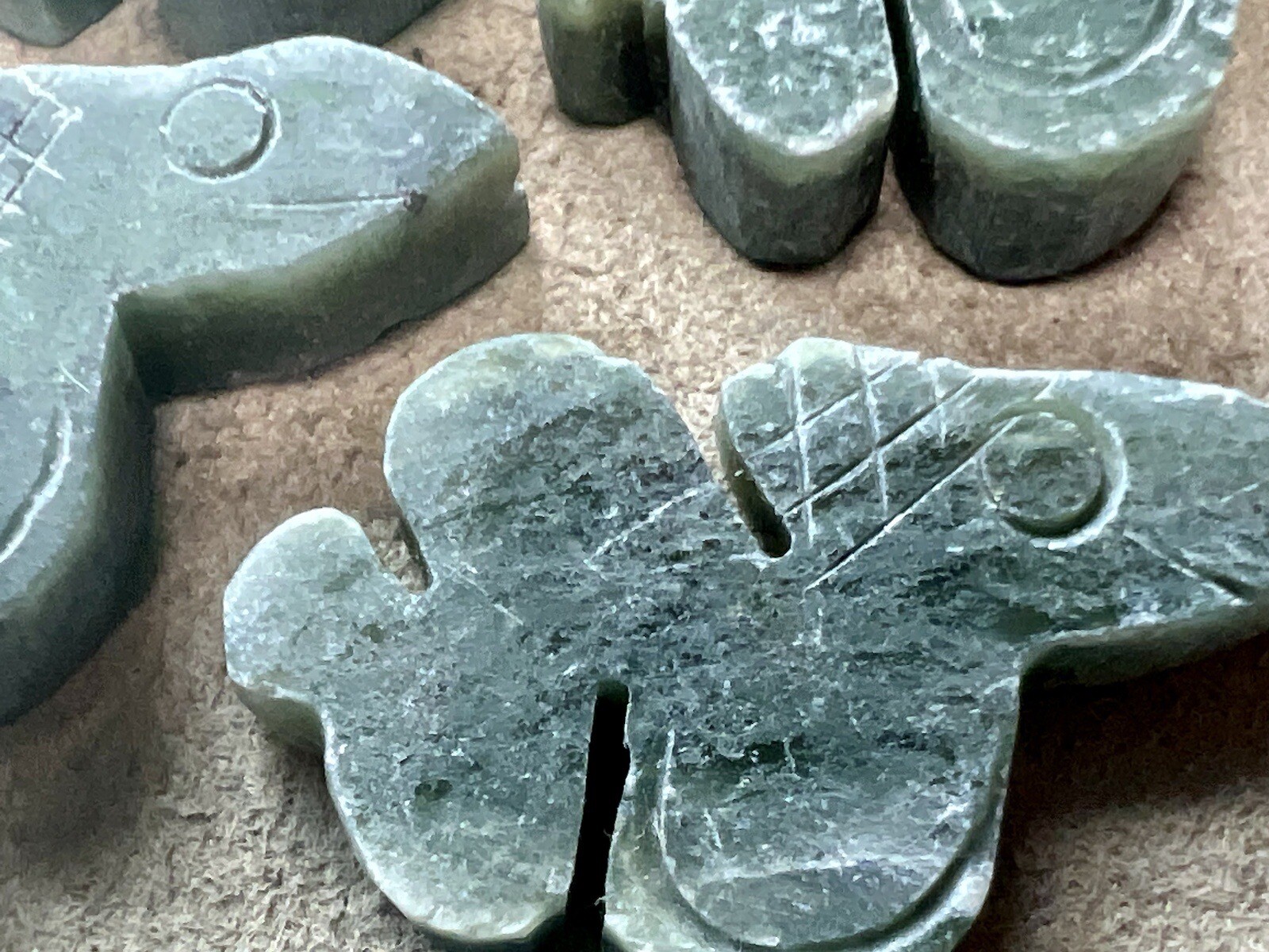 10 Carved Green Stone Snake Pendants No Hole New Old Stock Lot Jewelry Making