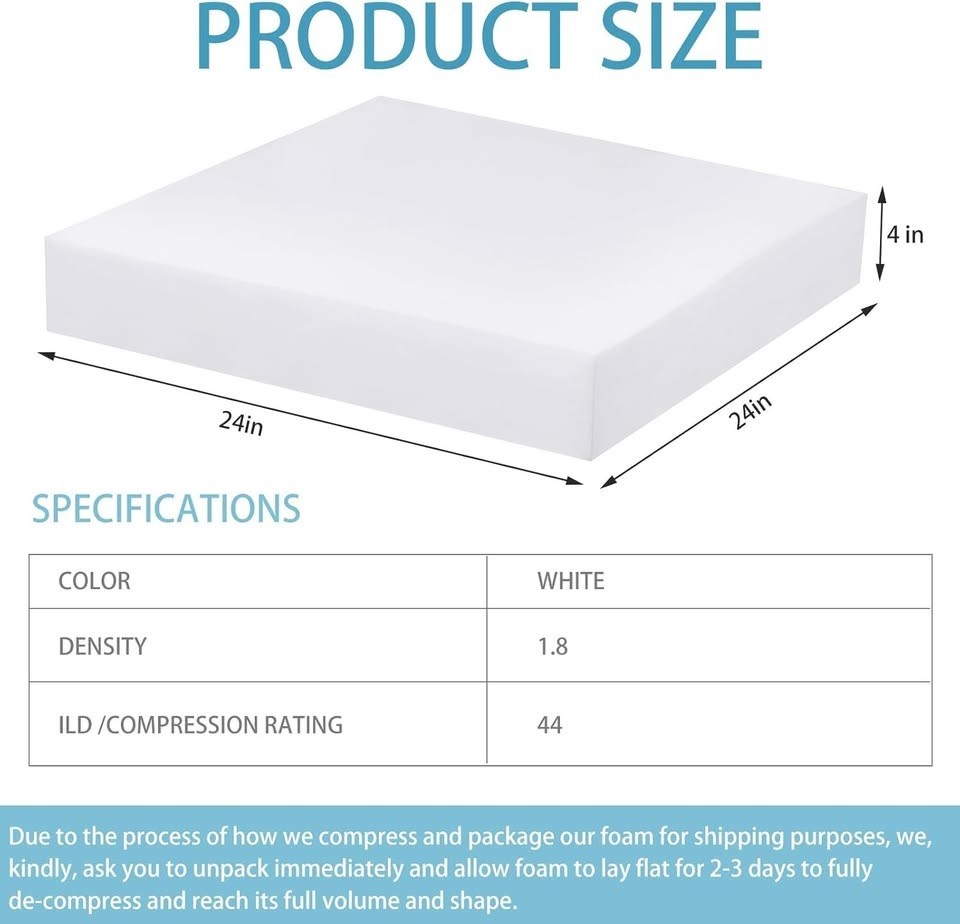 6 Pack Upholstery Foam 4″ X 24″ X 24″ High Density Cushion, White