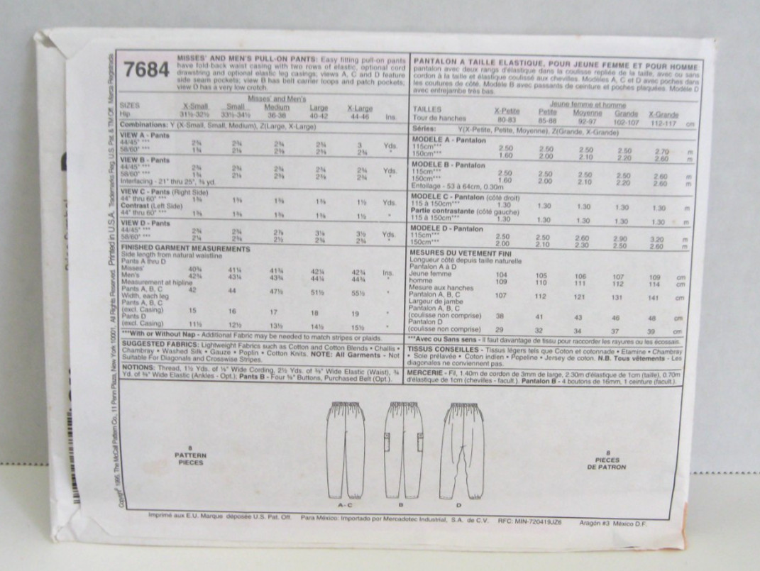 McCall’s 1 Hour Pull-On Pants Pattern Unisex Adult XS-M (31.5″-38″ Hip31) Uncut